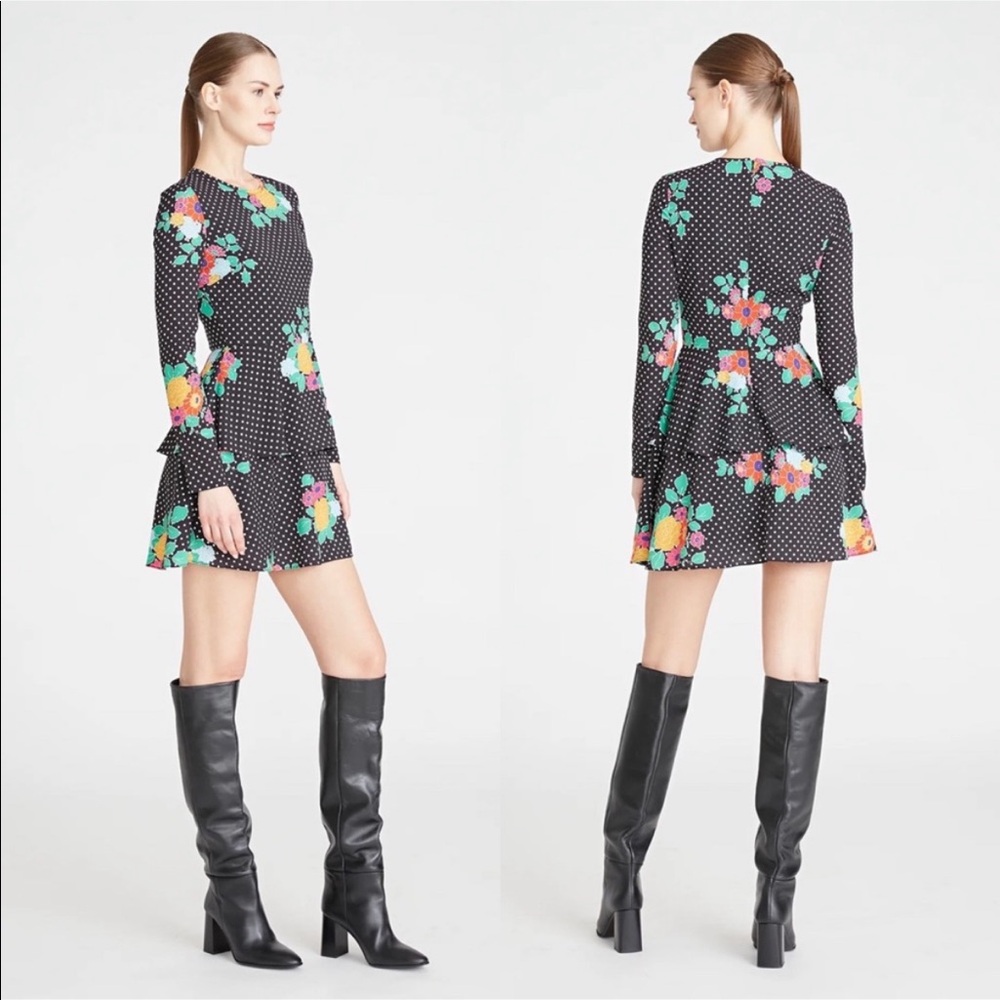 AMUR Dalilah Tier Dress Polka Dot Floral Long Sleeve Mini Dress Size 0